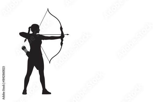 Female Archer Aiming with Bow and Arrow Silhouette
