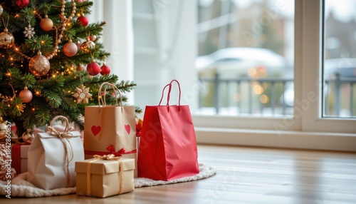 Gift bags placed under Christmas tree, lifestyle photography style, warm cozy Christmas mood, soft natural lighting with copy space for text placement, high resolution detail, no bad hands