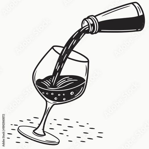 A minimalist black and white illustration depicts a bottle pouring dark liquid into a wine glass creating a dynamic motion effect with small dots scattered around the base