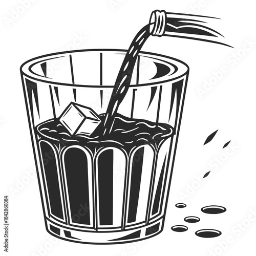 A stylized black and white illustration depicts a glass of dark liquid being poured from a bottle with ice cubes and splashes