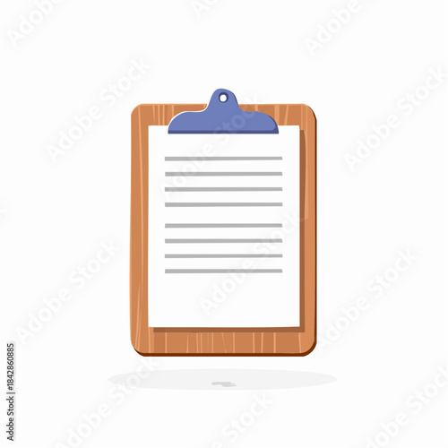 A wooden clipboard with a white paper and blue clip holding lined text, perfect for document management and note-taking illustrations