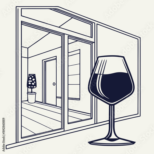 A minimalist line art illustration of a glass of red wine placed on a windowsill overlooking an interior room with a door and a potted plant