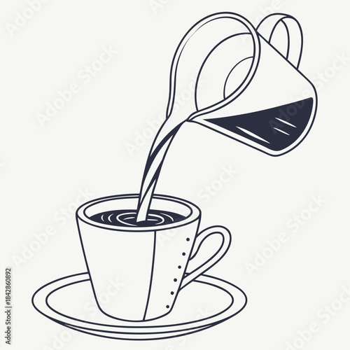 A minimalist line art illustration depicts a dark liquid being poured from a pitcher into a white coffee cup and saucer on a plain background