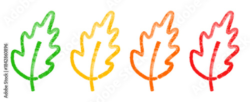 Autumn leaves marker crayon set. Childlike felt pen and marker drawn fall leaves with bright expressive strokes in colorful kids sketch style. Hand drawn marker leaf.