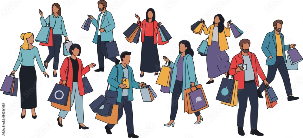 Fototapeta premium Diverse group of shoppers carrying bags celebrating consumerism and retail therapy with vibrant outfits and accessories isolated on white background
