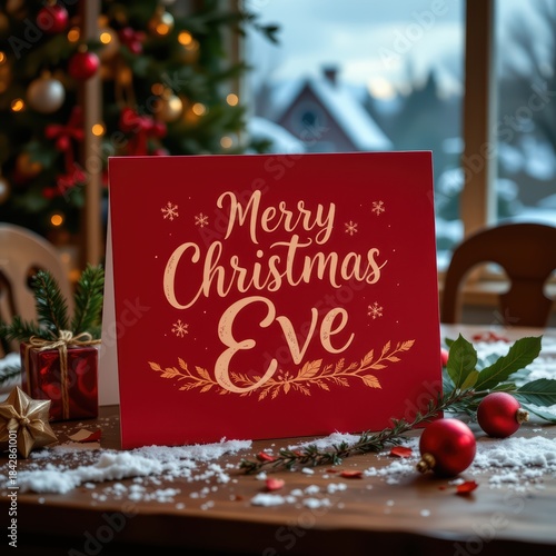 Christmas Eve greeting card on wooden table, cinematic illustration style, nostalgic peaceful holiday mood, wide composition with white space for copy, HDR clarity sharp detail, no bad hands