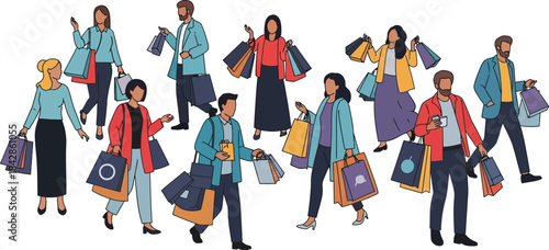 Diverse group of shoppers carrying bags celebrating consumerism and retail therapy with vibrant outfits and accessories isolated on white background