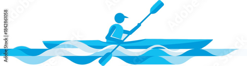 Stylized vector graphic of a kayaker or canoer paddling on blue water waves. Perfect for outdoor adventure, summer sports, water recreation, and travel logos. Clean, modern, and minimal design.