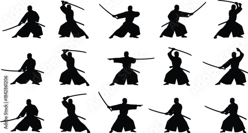 Set of Samurai Warrior Silhouettes Wielding Katana Sword in Various Fighting Stances Vector Illustration.