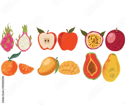 Fruit artwork for for t shirt and poster. Peach graphic print art. Orange fruit print. Fresh apple fruit print. Pomegranate fruit artwork. Nature lemon design.	