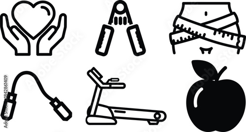 Comprehensive collection of health and fitness outline icons depicting wellbeing exercise and healthy lifestyle elements