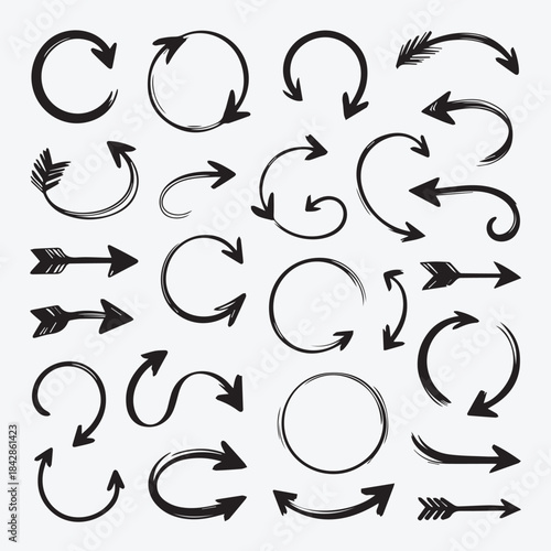Collection of Hand-Drawn Sketchy Black Arrows, Curls, and Circle Marks Set