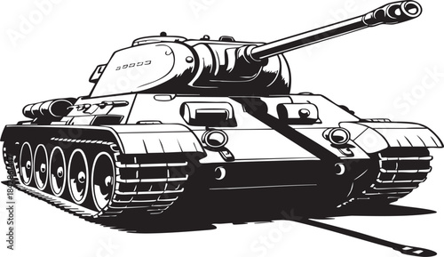 Powerful black and white illustration of a vintage military tank advancing with dramatic speed lines creating an intense visual impact