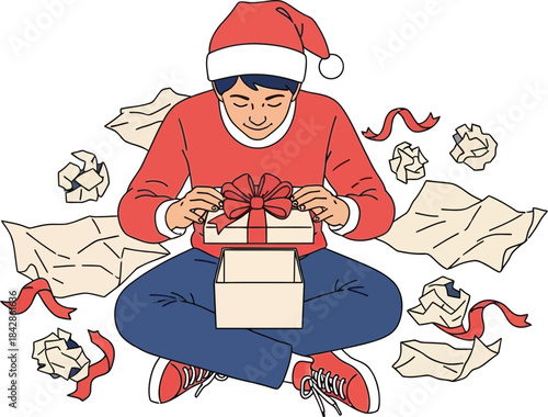 Festive gamer child enthusiastically unboxing christmas gifts with joyful excitement playing video games isolated on white background
