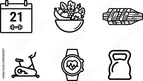 Comprehensive collection of health and fitness related outline icons depicting workout equipment and wellness tracking