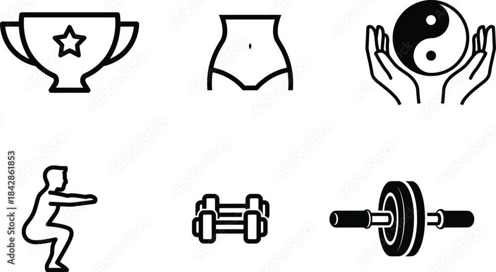 Fototapeta premium Comprehensive fitness and wellness outline icon collection featuring workout equipment healthy body