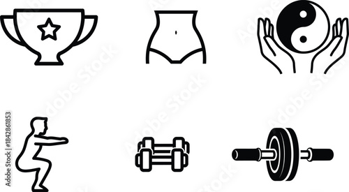 Comprehensive fitness and wellness outline icon collection featuring workout equipment healthy body
