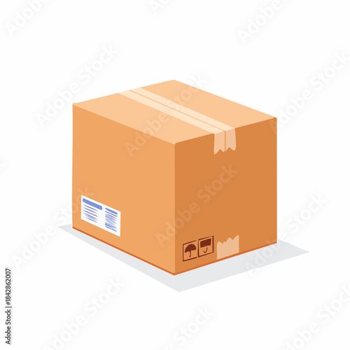 A 3D illustration of a closed brown cardboard shipping box with tape and warning labels, isolated on a white background