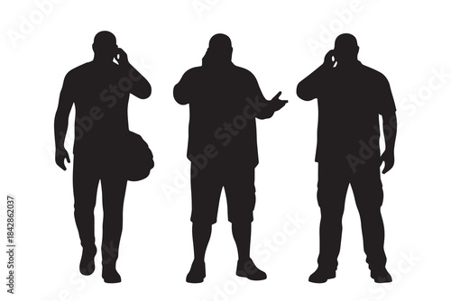 Set of Overweight Men Talking on Smartphone Casual Silhouette