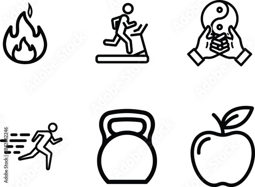 Essential line icon collection depicting various healthy lifestyle elements like exercise strength nutrition energy and mental balance