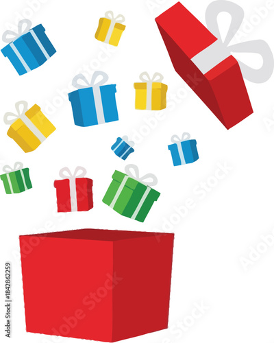 Explosion of colorful gifts from open red gift box celebrating surprise and joyful occasions with festive decorations and presents isolated on white background