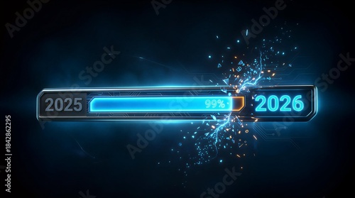 Progress Bar Transition: Futuristic glowing progress bar animation visualizing transition from 2025 to 2026, perfect for technology, innovation, and New Year themes.