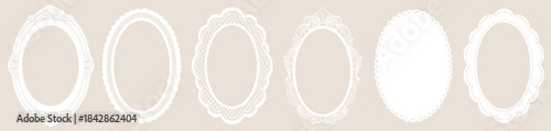 White whimsical lace frames and renaissance borders. Oval shapes with vintage elegance decorated with whimsy lines and squiggles. Top view borders perfect for branding, scrapbooking and social media.