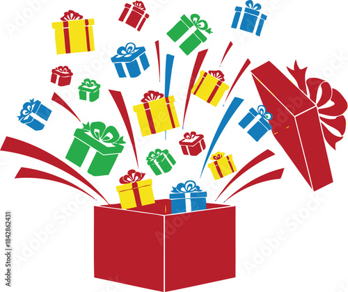 Explosion of colorful gifts from an open red gift box celebrating surprise joyful presents and festive occasions isolated on white background