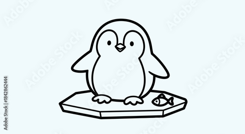 Cute Penguin Standing on an Ice Floe with a Fish, isolated white background