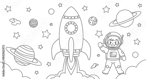 Astronaut Waving Near Rocket Ship, Planets, and Stars in Outer Space, outline drawing