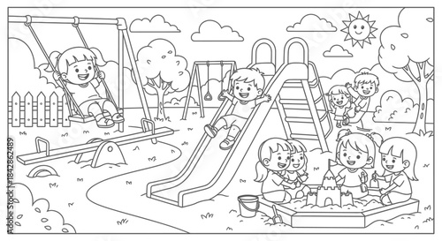 Kids Having Fun Playing at an Outdoor Park Playground, outline drawing