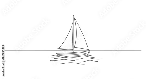 Minimalist Sailboat on Calm Water, outline drawing, isolated white background