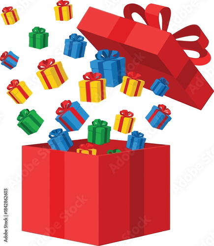 Surprise gift box explodes with colorful confetti and shiny treasures symbolizing celebration and discovery isolated on white background