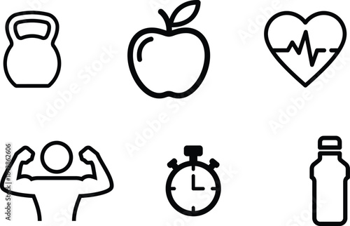 Modern minimalist line art icons representing health fitness exercise nutrition and wellbeing in a clear graphic style