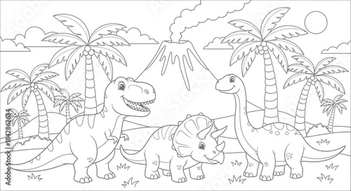Cartoon Dinosaurs Roaming Prehistoric Jungle Landscape with Volcano and Palm Trees
