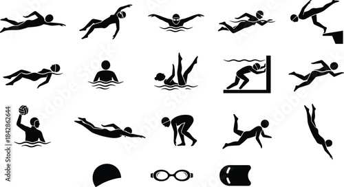 Set of Swimming Silhouettes People Swimming Diving and Playing Water Sports Vector Illustration.