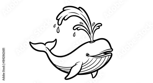 Cute Cartoon Whale Spouting Water, Happy Marine Animal, isolated white background