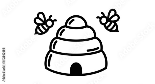 Traditional Beehive with Flying Bees on Isolated White Background
