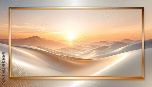 Fototapeta Naklejka Na Ścianę i Meble -  A golden frame surrounds a glowing desert landscape at sunrise, featuring smooth sand dunes and warm light reflections, creating a luxurious and serene minimal composition. Copy space.