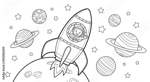 Astronaut Flying in Space Rocket Amidst Planets and Stars in Outer Space