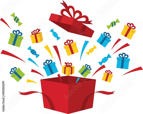 Festive red gift box explodes with colorful presents confetti and ribbons creating a surprise celebration isolated on white background
