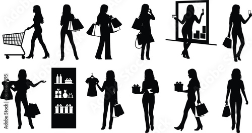 Shopping behavior silhouette set, black consumer lifestyle and retail activity illustration, women with bags, cart, phone, and gift boxes icons
