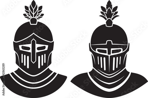Two stylized medieval knight helmets with plumes in black and white