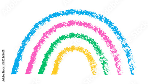 Chalk rainbow childlike hand drawn with soft textured strokes and playful colorful lines. Pastel chalk illustration featuring bright rainbow arcs in kids sketch style with handcrafted crayon texture.