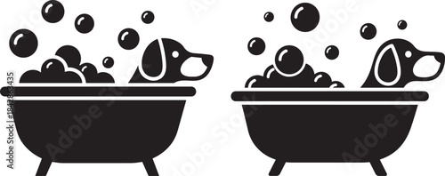 Two silhouetted dogs enjoying a relaxing bubble bath in bathtubs
