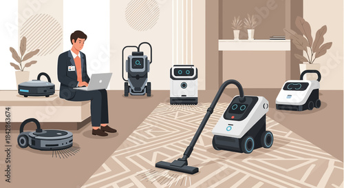 Relaxed professional with cleaning automation demonstrates modern domestic technology