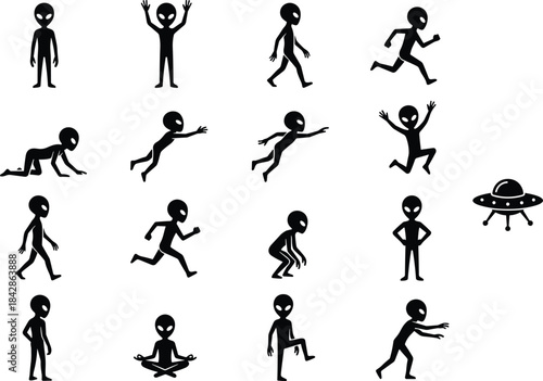 Set of Alien Silhouettes Poses Walking Running and Meditating with Flying UFO Vector Illustration.
