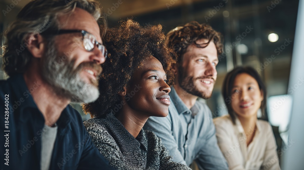 Fototapeta premium Team Collaboration: Capturing the essence of teamwork, a group of diverse professionals engages in focused collaboration, fostering innovation and synergy in a shared workspace.