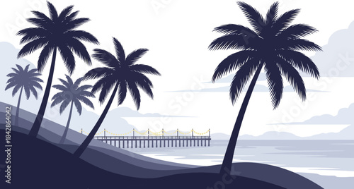 Serene tropical beach scene silhouette with palm trees and pier at sunset evokes calm relaxation and vacation vibes isolated on white background