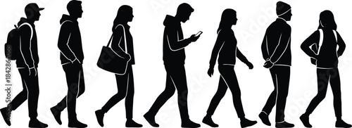 Group of Young People and Students Silhouettes Walking in a Row Side View Vector Illustration.